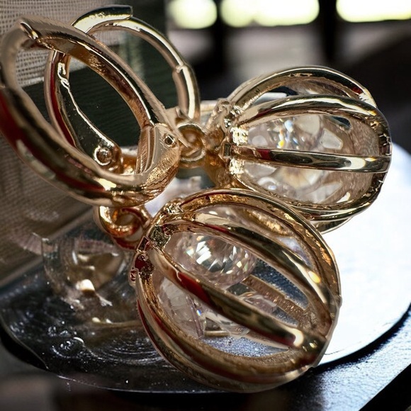 NEW Rose Goldtone Caged CZ Crystal Diamonds Dangle Drop Earrings - Picture 8 of 13